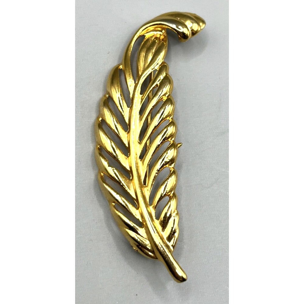 Gold Tone Feather Brooch 3" Leaf Pin Botanical Fall Autumn Jewelry Statement